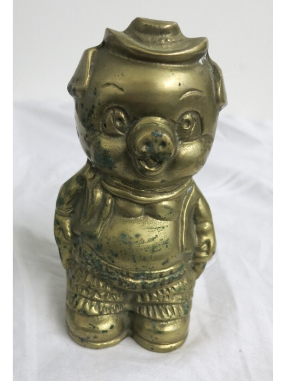 Vintage Solid Brass Pig in Cowboy Hat Outfit Coin Piggy Bank 5 1/2"H x 3"W